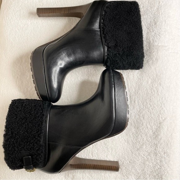 Coach Apple Vin Veg Boots Heels Leather Shearling Cuff High New Black Size 9 - Picture 3 of 16
